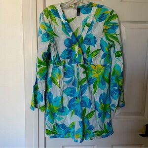 S: Ralph Lauren Long Sleeve V neck Beach/Pool Cover up Shirt Turquoise/White